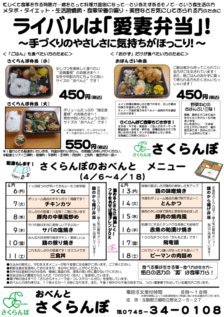 4月6日から1週間のメニューです